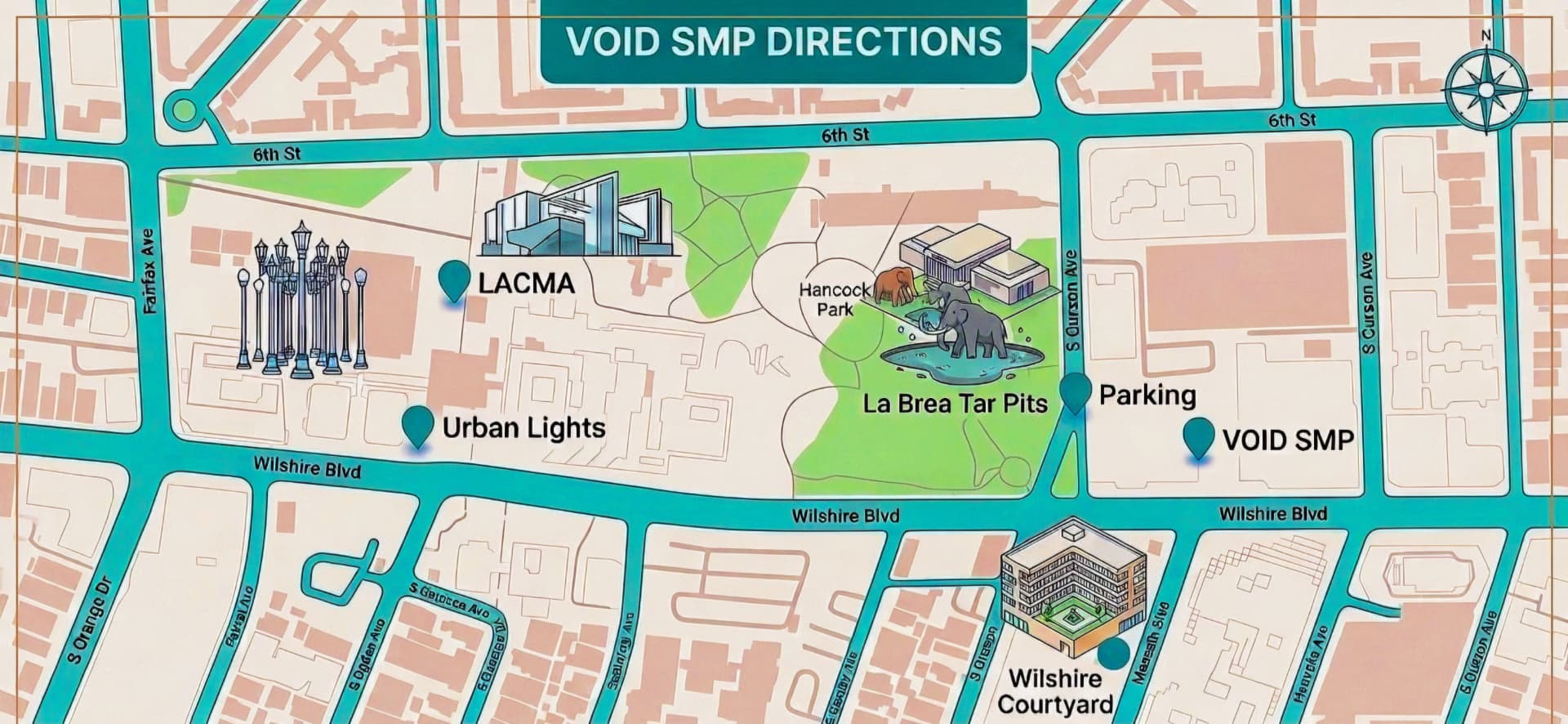 Illustrated directions map to VOID SMP near LACMA and the La Brea Tar Pits