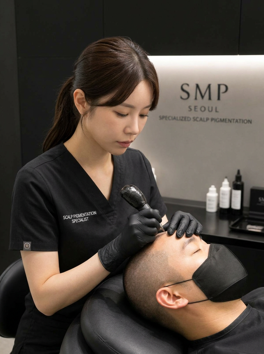 Hannah Lee performing a scalp micropigmentation session in the VOID studio